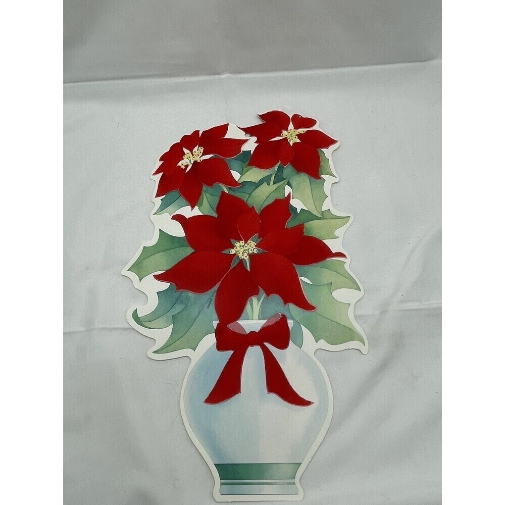Vintage Christmas Poinsettia Arrangement Die Cut Eureka USA Flocked NOS